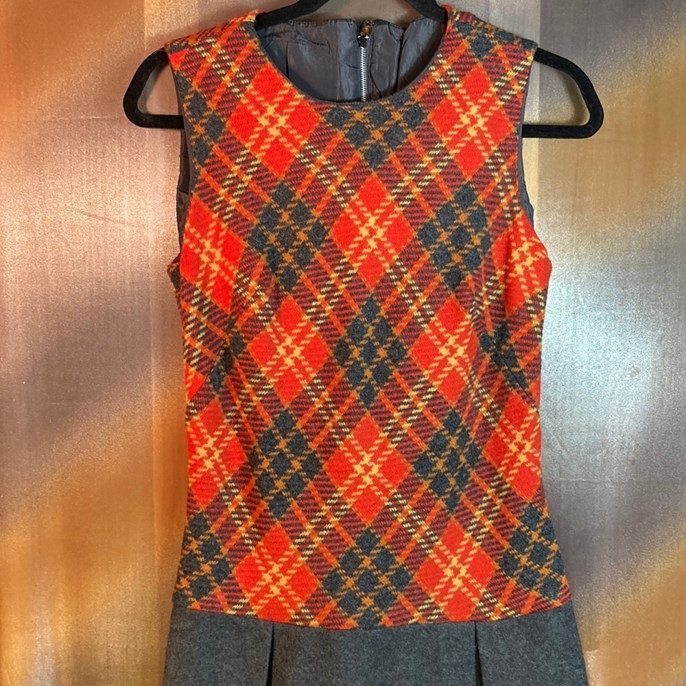 Vintage 60’s gray sleeveless wool dress plaid button  34” chest 32” waist B9‎